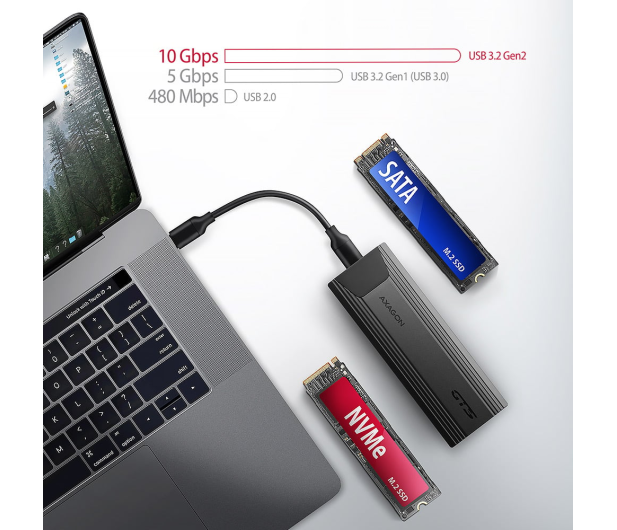 AXAGON EEM2-GTS2 Obudowa zewnętrzna aluminiowa bezśrubowa USB-C 3.2 Gen 2 M.2 NVMe & SATA SSD + USB-A - USB-C redukcja - 1353425 - zdjęcie 3